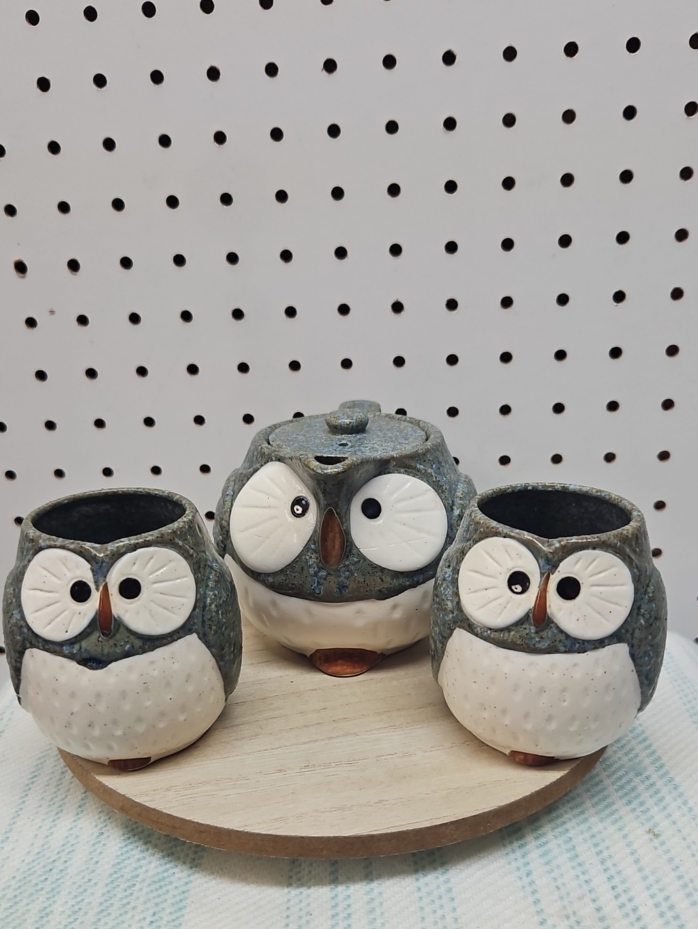 Kotobuki Japanese Pottery Blue Owl Speckled Stoneware Coffee Tea Cup Set